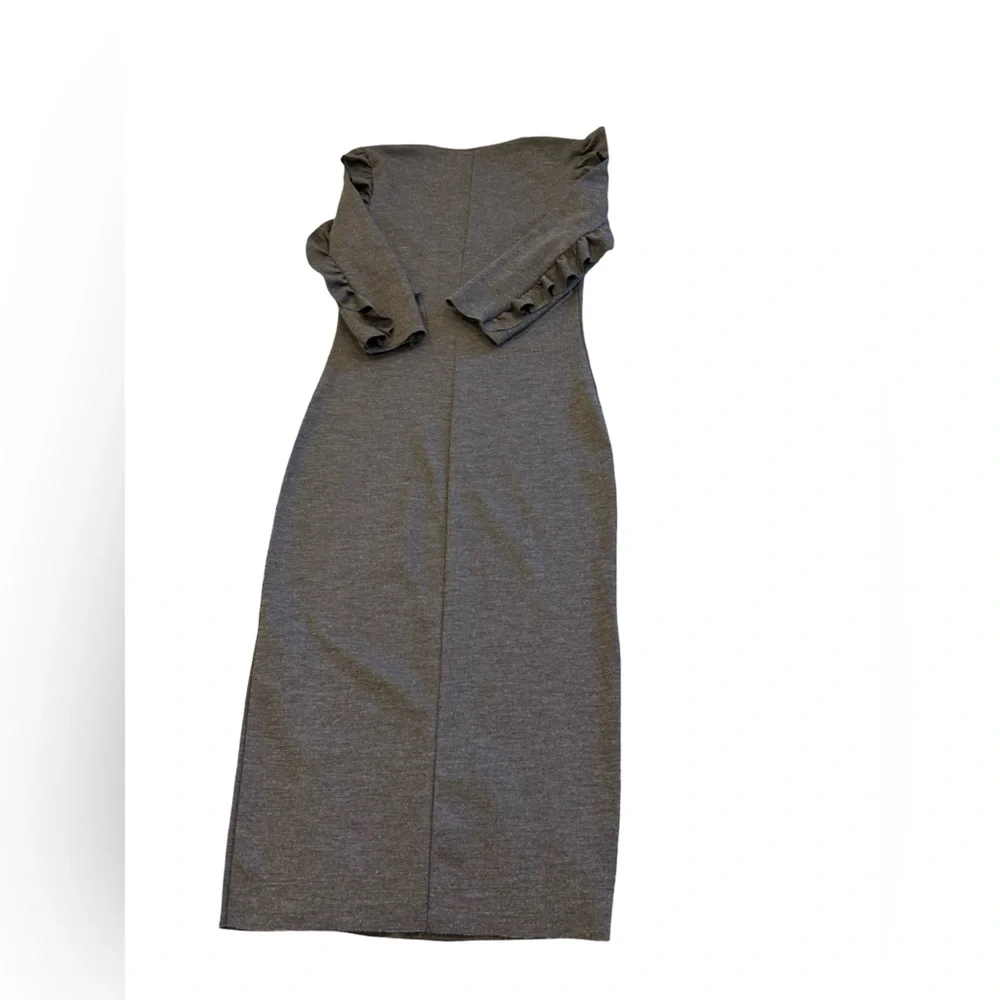 Zara Trafaluc Gray Bodycon Midi Dress Ruffle Sleeves Stretch Knit Women’s Small